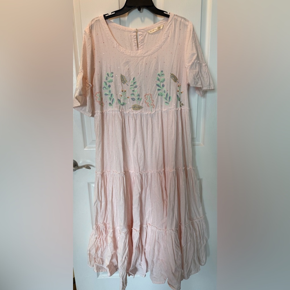 eShakti Wayward Fancies Floral Embroidery Tiered Shift Midi Dress | XL 16 | Pink